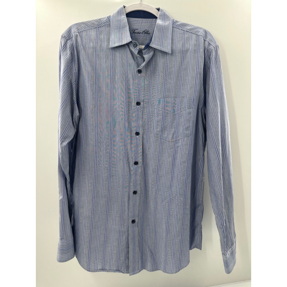 Tasso Elba Mens Blue Striped Long Sleeve Button Down Cotton Shirt Size M 15-15.5